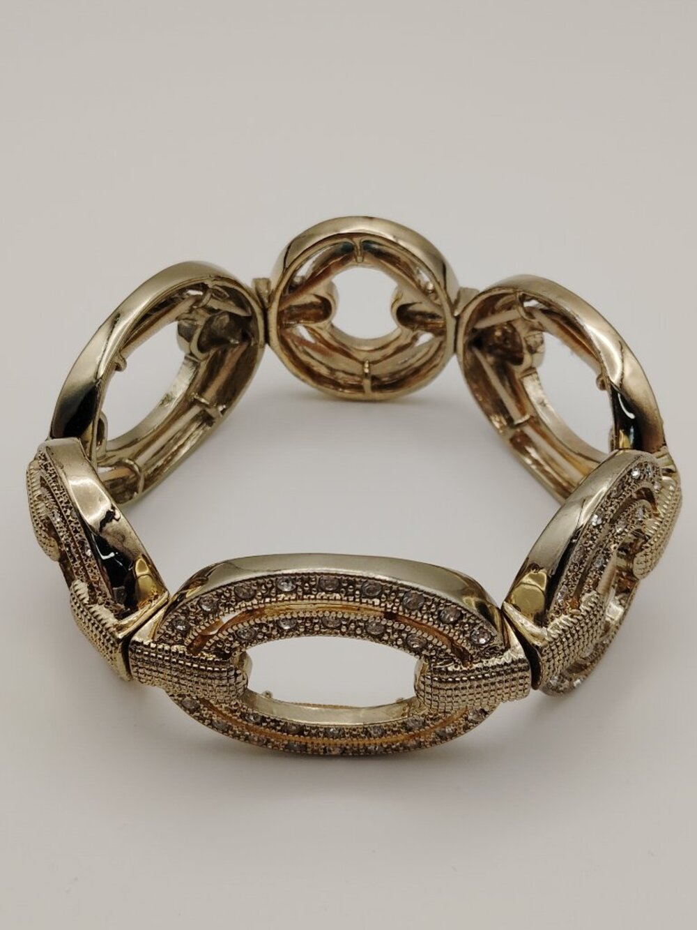 Vintage Monet Rhinestone Link Bracelet • Gold‑Tone Stretch